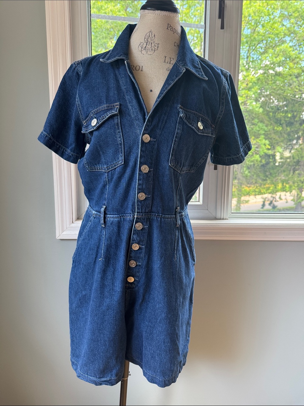 Reformation Jeans denim utility button up short sleeved romper shorts size 12